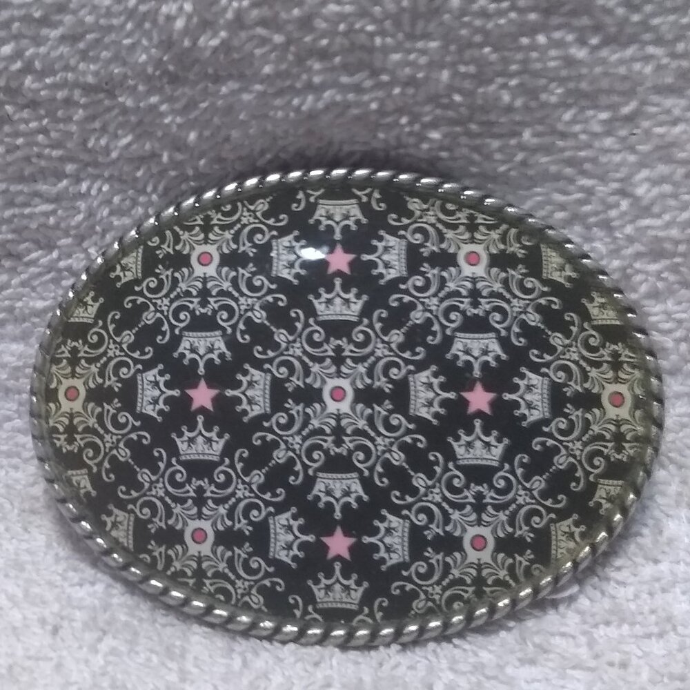 Ivan Embedded Pink Stars Silver Crowns Oval Belt Buckle Great Vintage